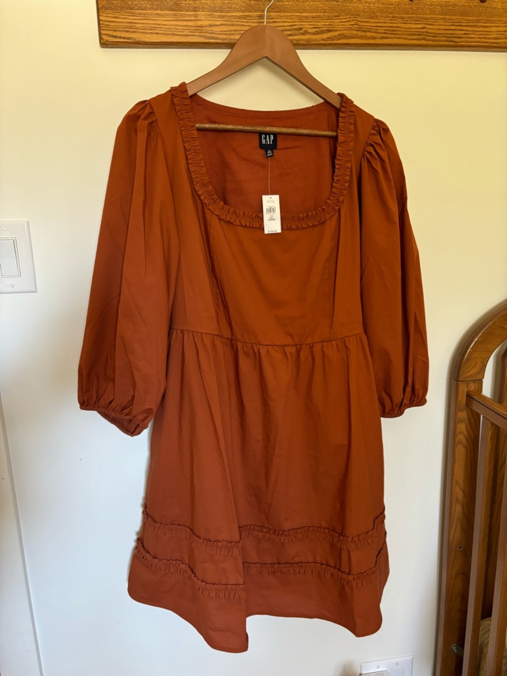 GAP Rust Orange Babydoll Dress Puff Sleeve Ruffle Hem Size 10 Tall NWT
